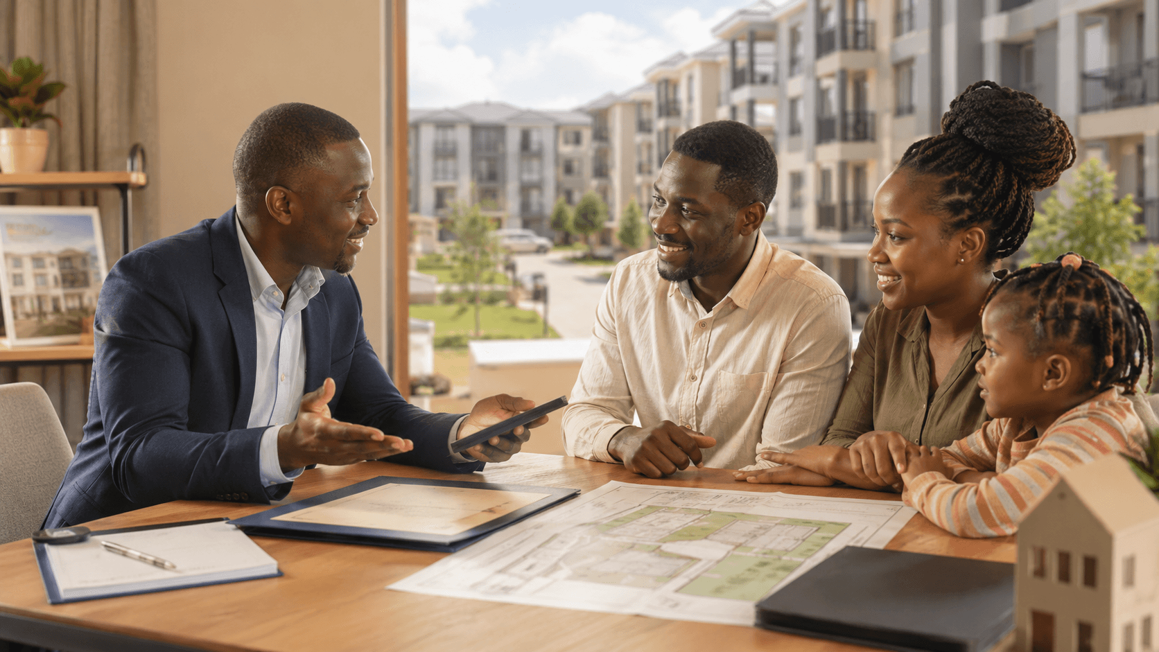 OBH property and land services discussion with clients reviewing documents and a residential estate in the background